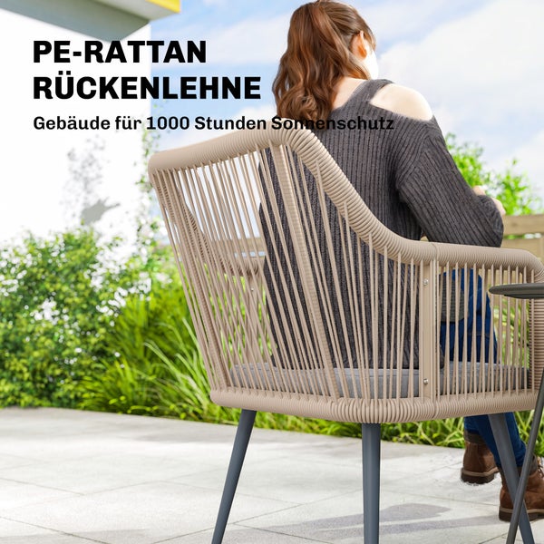 Gartensessel mit Rückenlehne aus PE-Rattan Geflecht, wetterfest und UV-beständig für 1000 Stunden.