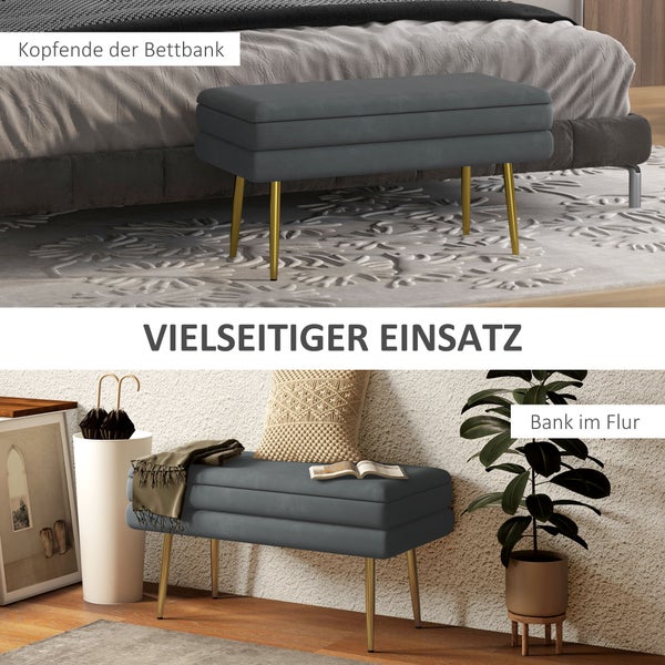 HOMCOM Sitzbank, Polsterbank mit Stauraum, mit Stahlbeine, Schuhbank, Aufbewahrungsbank für Wohnzimmer, Schlafzimmer,  79,5 x 37,5 x 43 cm, Samtoptik, Grau