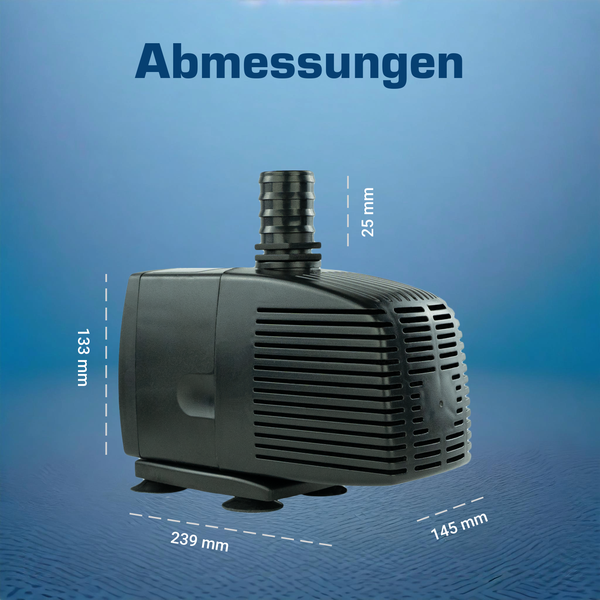 Abmessungen der Wasserpumpe: Länge 239 Millimeter, Breite 145 Millimeter, Gehäusehöhe 133 Millimeter und Anschlusshöhe 25 Millimeter.