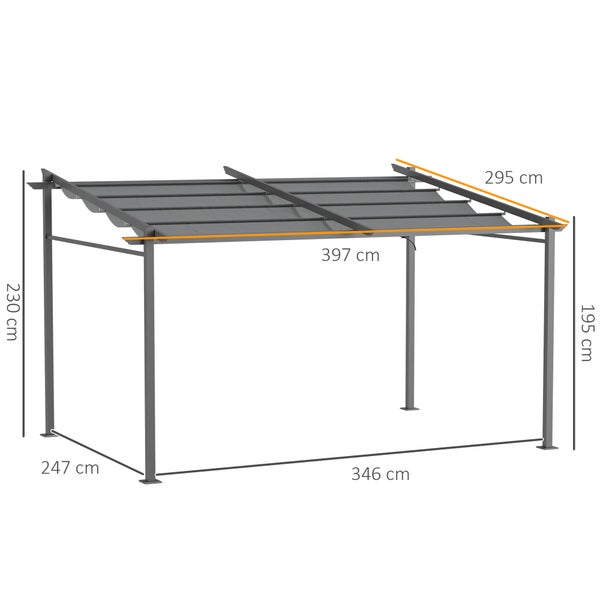 Outsunny Terrassendach Pergola ca. 4x3m Terrassendachung Garten Pavillon Aluminium, Wandmontage, Gartenpavillon mit Verstellbares Dach, UV Schutz, Sonnenschutz für Terrasse und Garten, Dunkelgrau