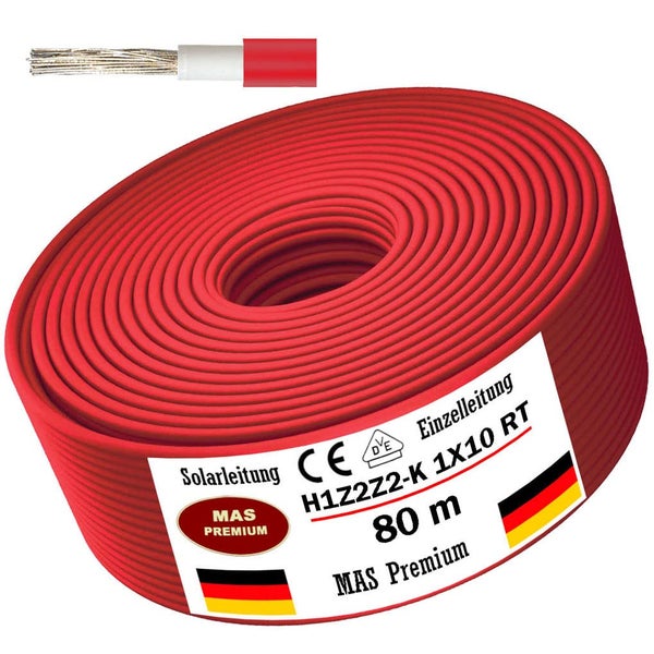 Rote Solarleitung MAS Premium H1Z2Z2-K 1 mal 10, 80 Meter, Einzelleitung, mit europäischer Konformität und VDE Prüfzeichen.