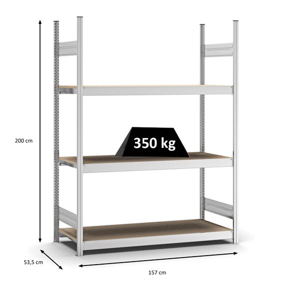 PROREGAL Weitspannregal Stecksystem T-Profil Grundregal HxBxT 200x150x50 cm 3 Ebenen Spanplatten Fachboden Fachlast 350 kg Verzinkt