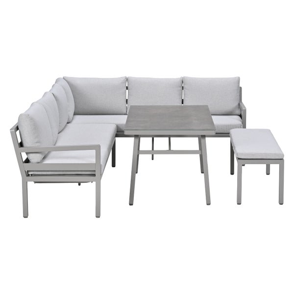 Modernes Garten-Lounge-Set bestehend aus Ecksofa, Tisch und Bank mit Metallrahmen und grauen Polstern.