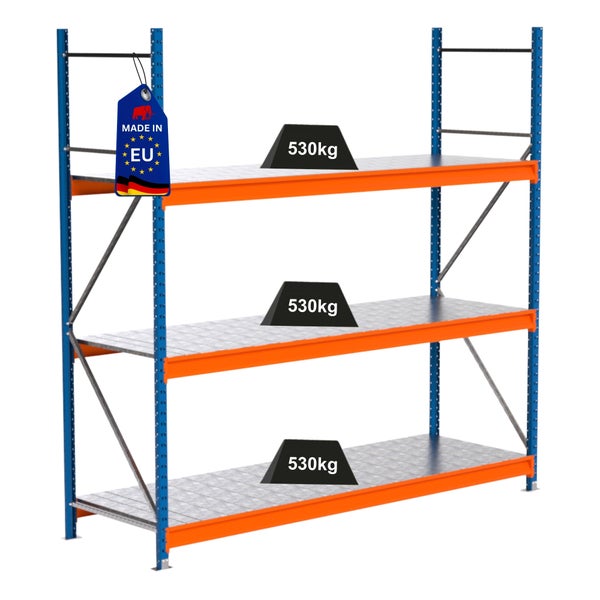 Lagerregal mit drei Ebenen und einer Traglast von 530 Kilogramm pro Ebene, Hergestellt in der EU