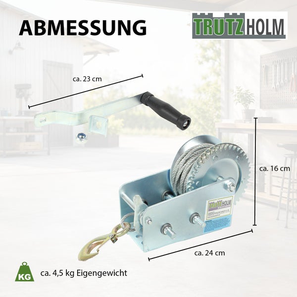 Trutzholm Handseilwinde mit Kurbel, Maßzeichnung mit Angaben zu Abmessungen und Eigengewicht, verzinkter Stahl mit Stahlseil und Haken.