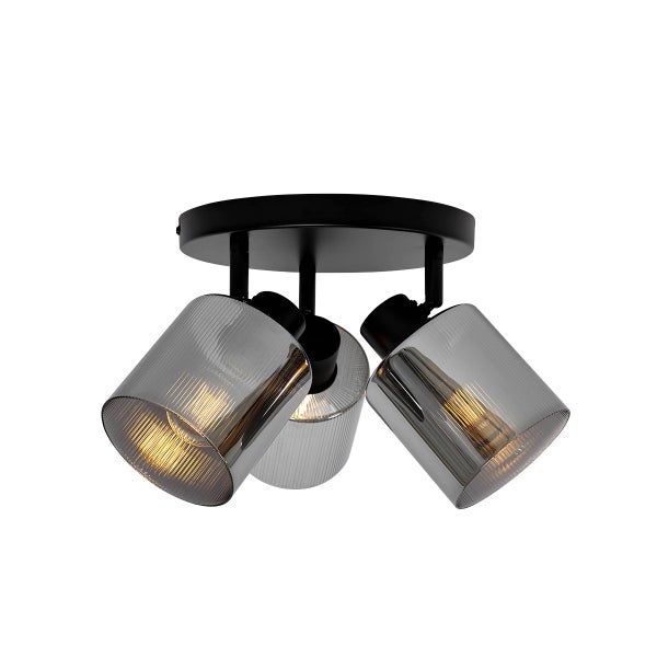 Deckenleuchte mit drei Strahlern und transparenten Lampenschirmen