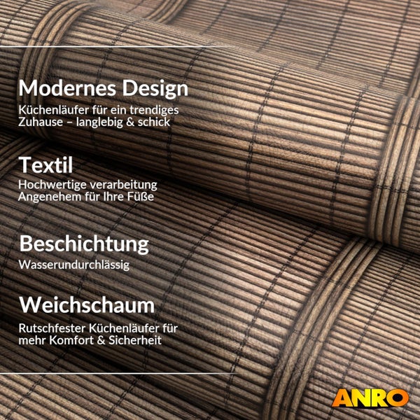 ANRO Küchenläufer in Bambus-Optik, rutschfest durch Weichschaum, wasserundurchlässige Beschichtung und angenehmes Textilgewebe. ANRO Logo.