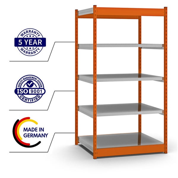 PROREGAL Fachbodenregal Stecksystem Vierkant-Profil Grundregal HxBxT 200 x 102,5 x 80 cm 5 Ebenen Einseitige Bauart Fachlast 200 kg Orange
