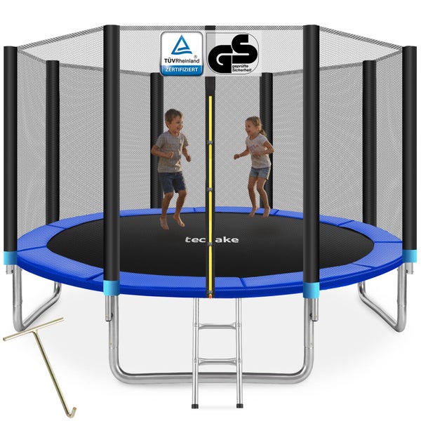 Trampolin mit Sicherheitsnetz, Leiter, Federzieher und springenden Kindern, TÜV Rheinland Zertifiziert, Geprüfte Sicherheit, tectake Logo.