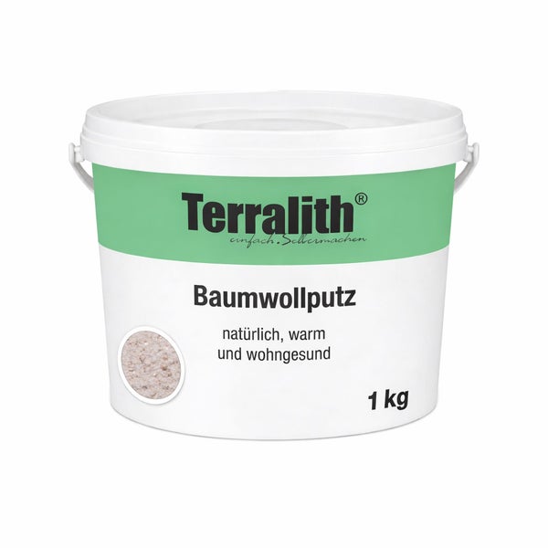 Terralith Baumwollputz im 1 Kilogramm Eimer, hellbeiger natürlicher Wandbelag.