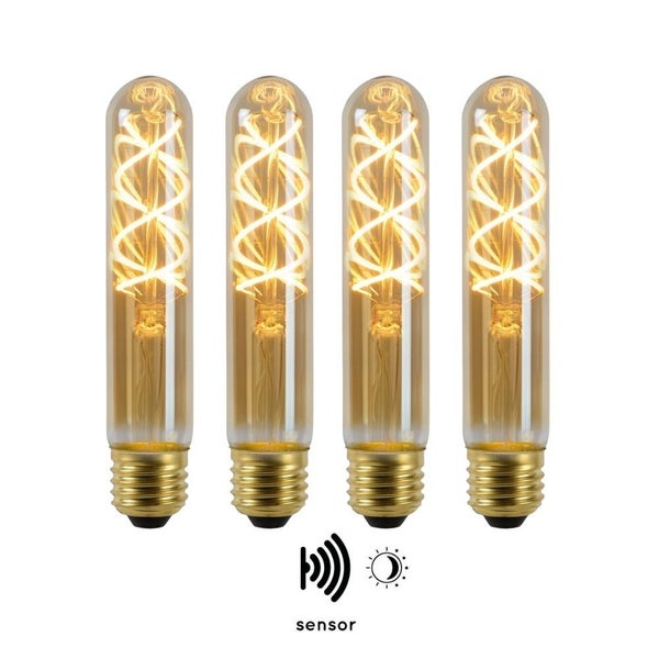 Vintage LED Lampe, Dämmerungssensor, E27, Röhre T32, Filament, 4W, 230lm, 2200K 4er-Pack