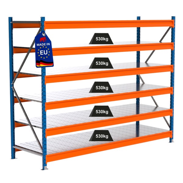 Regal mit fünf Ebenen und einer Traglast von 530 Kilogramm pro Ebene mit "Made in EU" Kennzeichnung