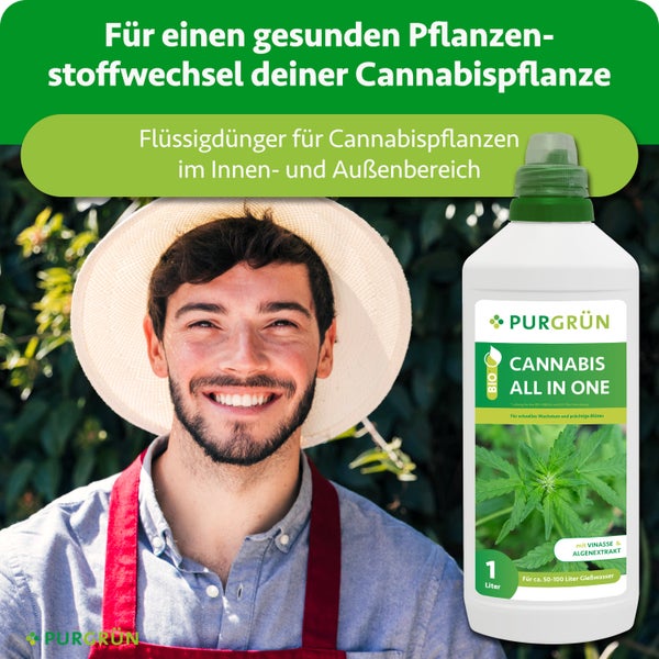 Purgrün Bio Cannabis All In One Dünger, 1 Liter, für circa 50 bis 100 Liter Wasser. Purgrün Logo. Lächelnder Gärtner mit Hut im Hintergrund.