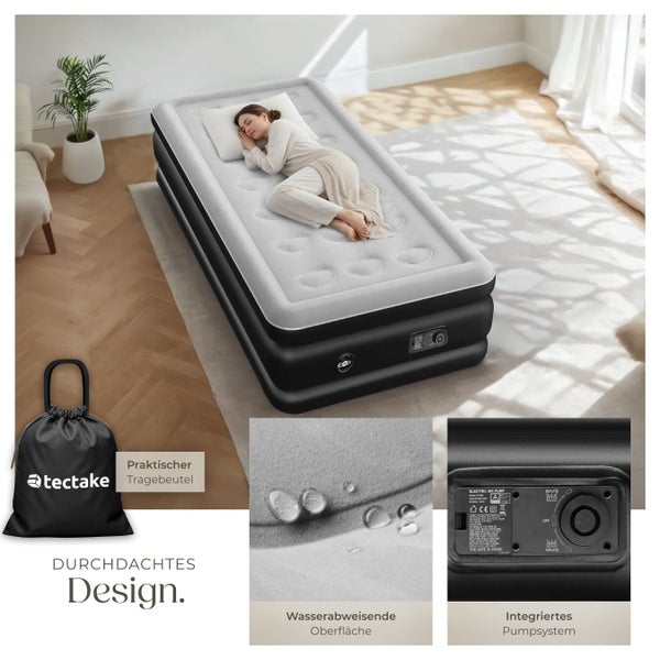 Frau schläft auf hohem Luftbett in hellem Raum. Inklusive Tragetasche mit tectake Logo, integriertem Pumpsystem und wasserabweisender Oberfläche.