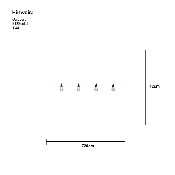 Abmessungen einer Lichterkette mit E12 Fassung für den Außenbereich, Schutzart IP44, Länge 720 cm und Höhe 12 cm.