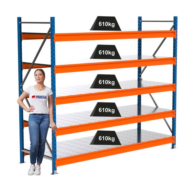 Lagerregal mit fünf Ebenen und einer maximalen Traglast von 610 Kilogramm pro Ebene.