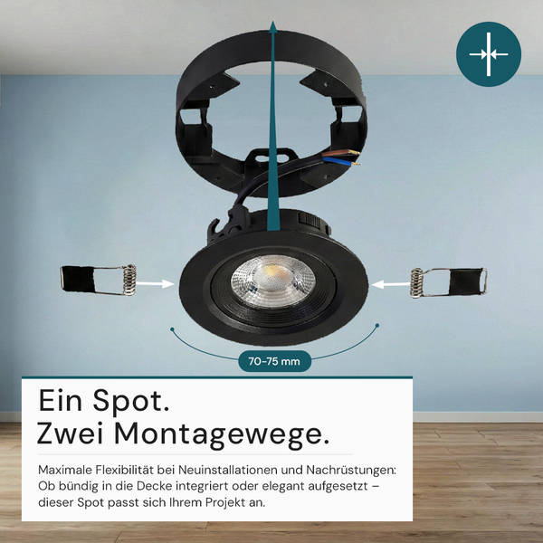 Schwarzer LED-Spot mit zwei Montagemöglichkeiten: Einbau mit Federclips für 70 bis 75 Millimeter Ausschnitte oder Aufbau mit Montagering.
