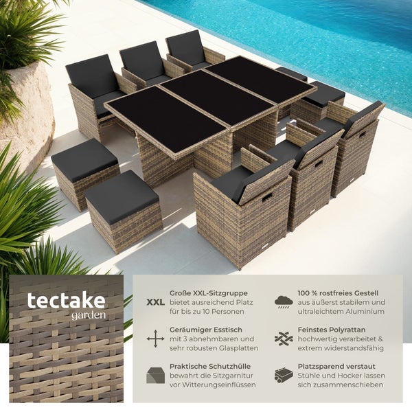 Rattan Sitzgruppe tectake New York 2 Bezugssets, zusammenschiebbar, inklusive Schutzhülle mit Aluminiumgestell natur