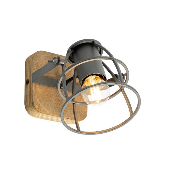 Moderne Wandleuchte mit Holzplatte und Metallgitter im Industrie Design
