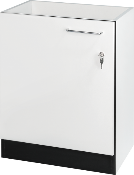 Weißer Unterschrank mit einer Tür, Metallgriff und Zylinderschloss inklusive Schlüssel.