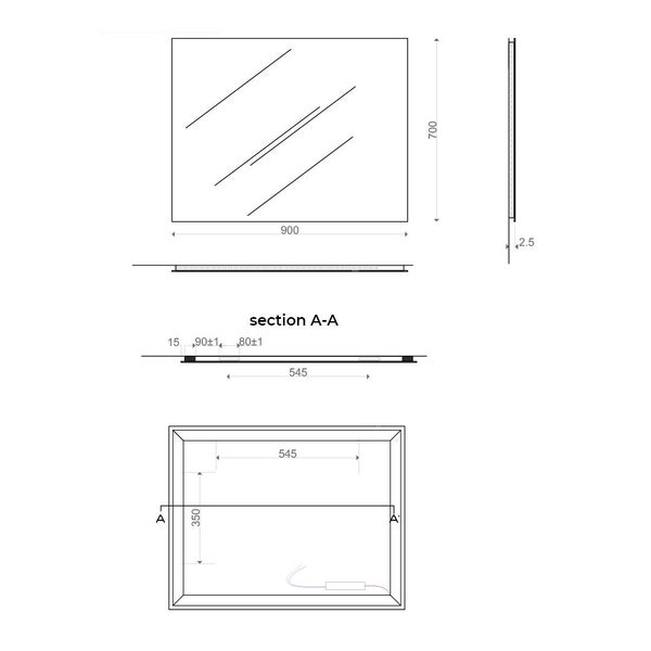 Technische Zeichnung eines rechteckigen Spiegels mit den Maßen 900 mal 700 Millimeter, inklusive Vorder-, Seiten- und Rückansicht.