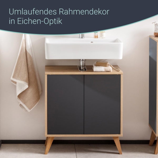 FACKELMANN FINN Badmöbel Set 2 Teile / Waschbecken / Waschbeckenunterschrank mit 2 Türen / Badschrank mit Push-to-Open / Korpus & Front: Schwarz / Rahmendekor & Füße: Braun hell / Breite: 60 cm