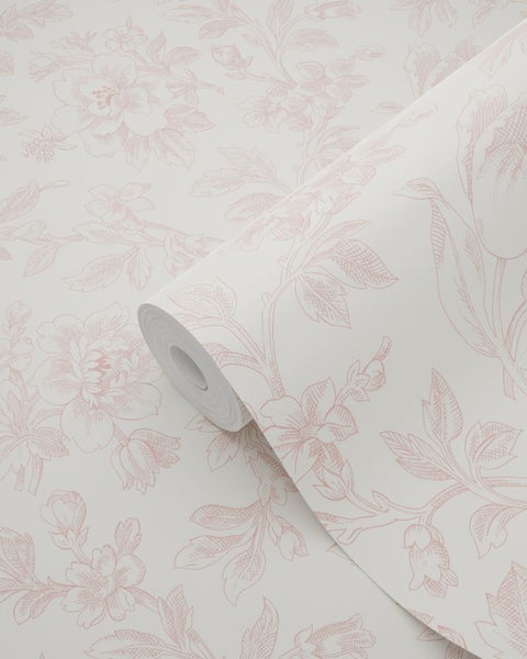 Tapetenrolle mit floralem Muster aus feinen Linienzeichnungen von Blumen und Blättern.