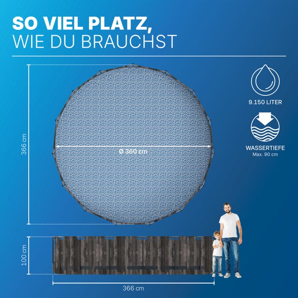 Rundpool in dunkler Holzoptik mit 360 Zentimeter Durchmesser, 100 Zentimeter Höhe, 9150 Liter Fassungsvermögen und 90 Zentimeter Wassertiefe.