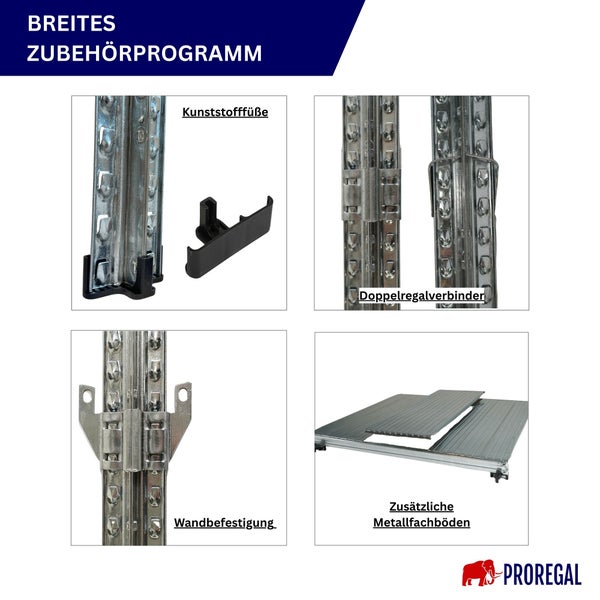 Zubehörprogramm mit Regalschienen, Kunststofffüßen, Doppelregalverbinder, Wandbefestigung und zusätzlichen Metallfachböden