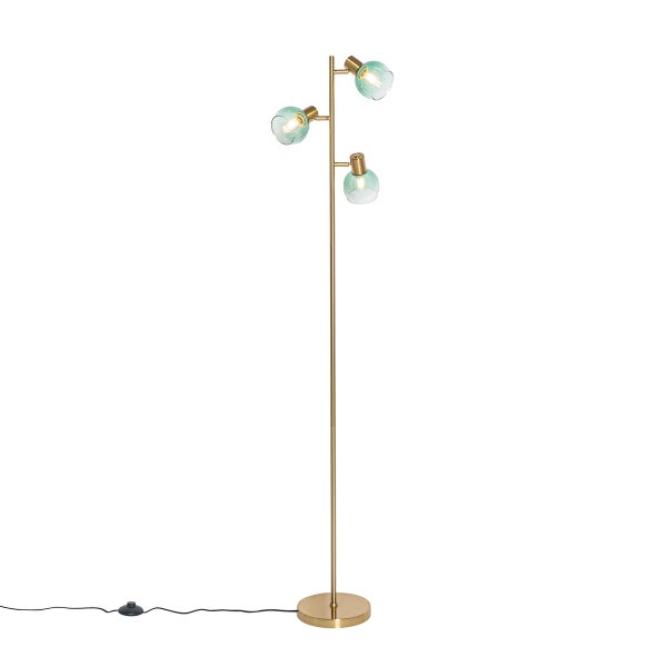 QAZQA - Art Deco Art Deco Stehlampe Gold I Messing mit grünem Glas 3 Lichter - Vidro I Wohnzimmer I Schlafzimmer - Stahl Länglich - LED geeignet E14