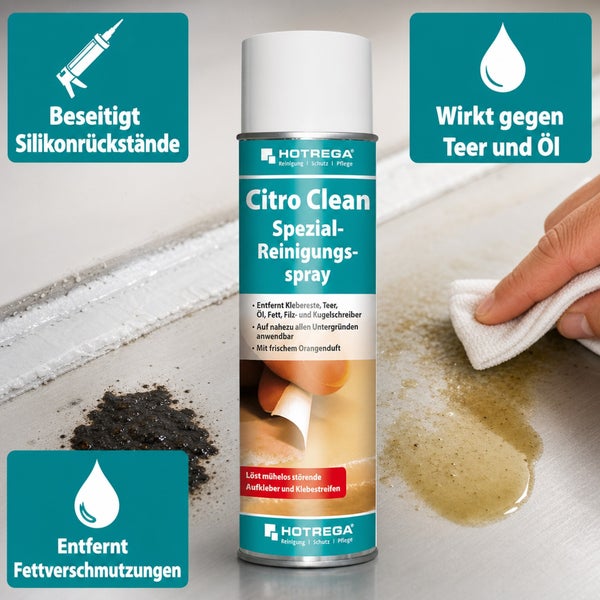 Hotrega Citro Clean Spezial Reinigungsspray zur Entfernung von Kleberesten Fett Teer Silikonrückständen und Filzstiftschmierereien