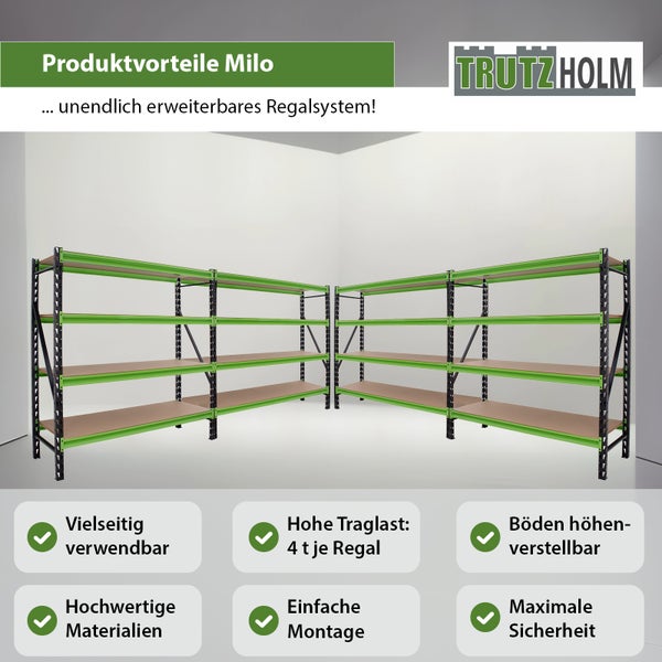 TrutzHolm Regalsystem Milo Eckaufbau mit verstellbaren Fachböden und Informationen zu den Produktvorteilen wie Traglast und einfacher Montage.