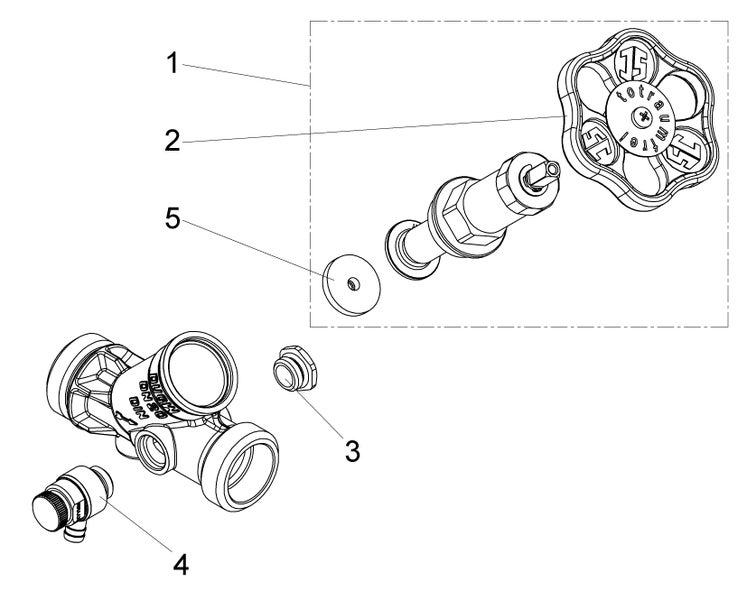 Technische Explosionszeichnung eines Absperrventils mit Handrad, Ventiloberteil, Ventilgehäuse und Entleerungsventil.