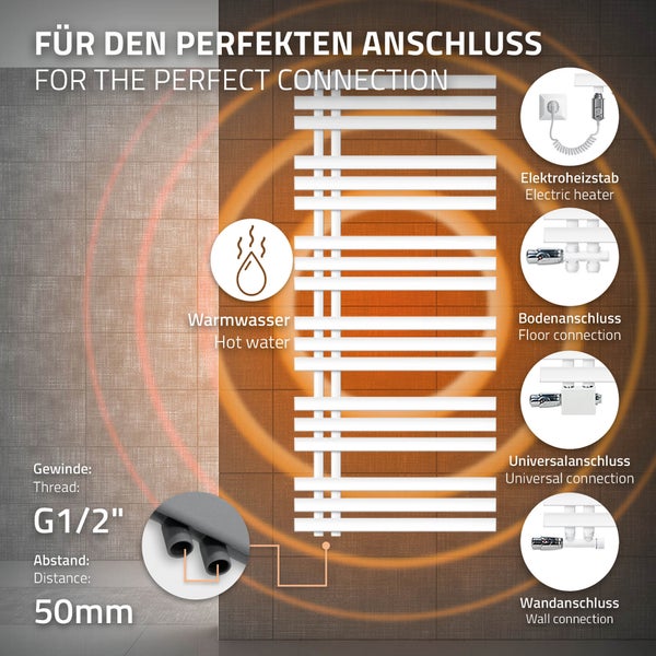 ECD Germany Iron EM Design Badheizkörper Elektrisch mit Heizstab 1200 W - 600 x 1400 mm - Weiß - Designheizkörper Paneelheizkörper Heizkörper Handtuchwärmer Handtuchtrockner