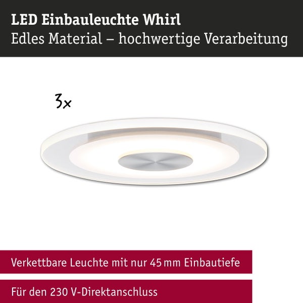 LED Einbauleuchte Whirl im 3er Set, verkettbar mit 45 Millimeter Einbautiefe, für 230 Volt Direktanschluss.