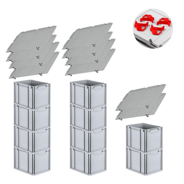 PROREGAL Spar Set 10x Eurobox Nextgen Economy Mit Auflagedeckel & 4x Schiebeschnappverschlüsse Rot Griffe Geschlossen HxBxT 32 x 30 x 40 cm 30 Liter