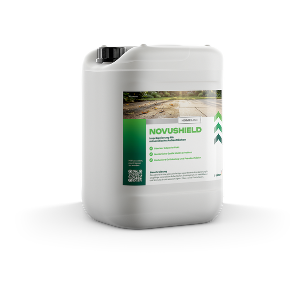 Kanister mit NovuShield Imprägnierung für mineralische Außenflächen, 5 Liter Inhalt, zur Schmutzabweisung und zum Schutz vor Frostschäden.