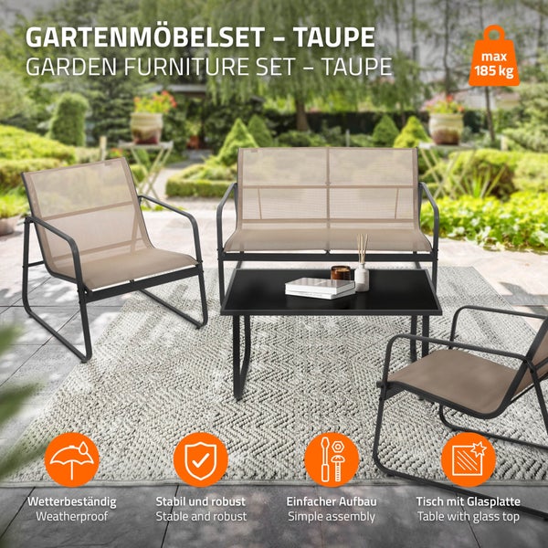 ML-Design Gartenmöbel Set 4-tlg, Taupe, Balkonmöbel aus Stahl & Textilene für 4 Personen, Garten Sitzgruppe mit Glastisch, Sofa und 2 Sesseln, wetterfest, Gartengarnitur Outdoor für Balkon, Terrasse