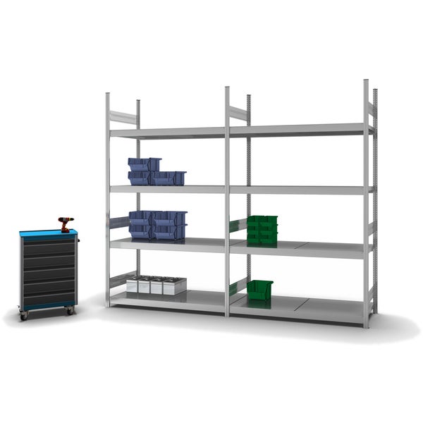 PROREGAL Weitspannregal Stecksystem T-Profil Grundregal HxBxT 250x150x60 cm 4 Ebenen Stahlplatten Fachboden Fachlast 350 kg Verzinkt