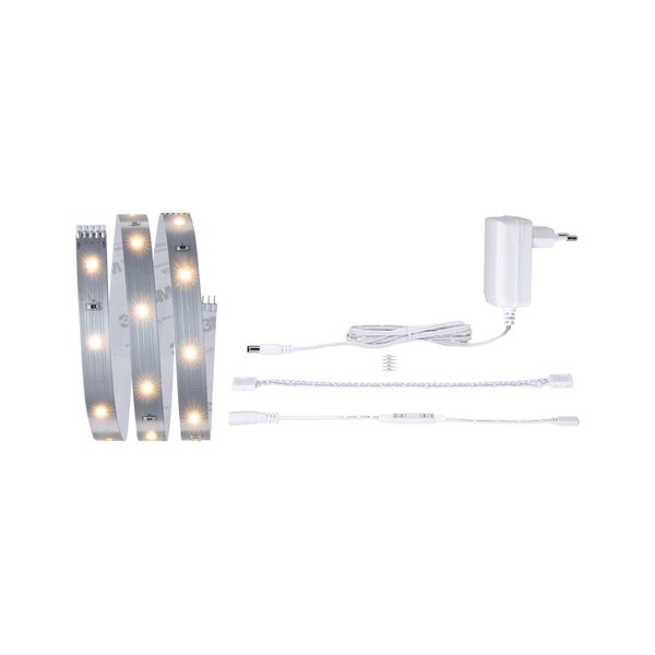 Lieferumfang eines einhundert Zentimeter LED Lichtband Sets mit Bewegungsmelder, Netzteil, Klebeband und Installationshinweisen für die Montage.