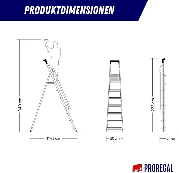 PROREGAL Stufenstehleiter ATLAS mit Werkzeugablage & Handlauf Einseitig Begehbar 7 Stufen Arbeitshöhe 3,40 m Traglast 150 kg