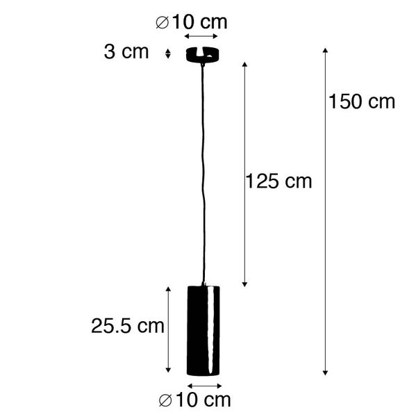 Technische Zeichnung einer Pendelleuchte mit den Maßen 10 Zentimeter Durchmesser, 3 Zentimeter Höhe, 25,5 Zentimeter Höhe und 125 Zentimeter Kabellänge.