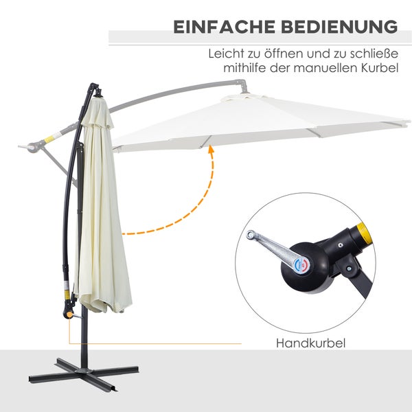 Outsunny Sonnenschirm, mit Handkurbel Rund, Stahlbogenstäbe und Stahl-Stehstäbe, Ø3 x 2,5H m, Polyestergewebe, Crème