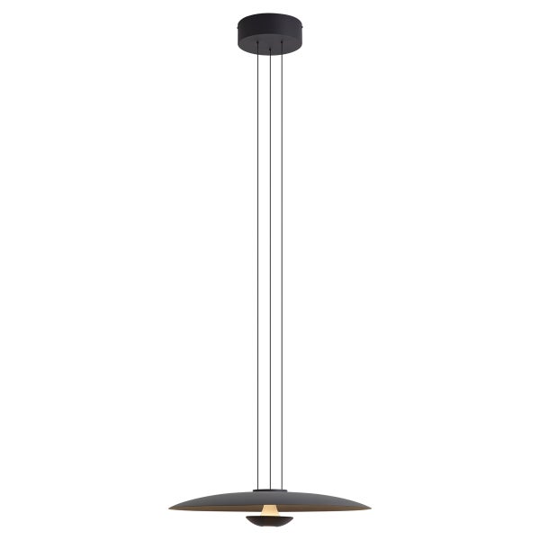 Moderne Pendelleuchte in flacher Scheibenform mit runder Deckenbefestigung und dünnen Drahtseilen als Hängeleuchte.