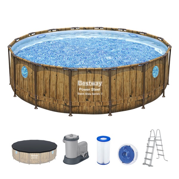 Bestway Power Steel Swim Vista Series II Pool-Set mit Holzoptik, Sichtfenstern, Filterpumpe, Leiter und Abdeckplane.