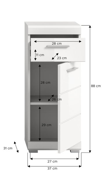 Weißer Badezimmerschrank mit geöffneter Schublade und Tür, inklusive Außen- und Innenmaßen in Zentimeter.