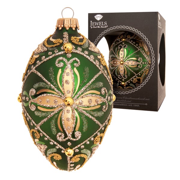 Dekorierter grüner Weihnachtsbaumschmuck in Eiform mit Schmuckverpackung