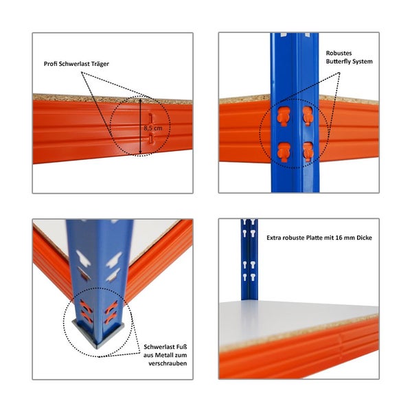 PROREGAL Profi Schwerlastregal Rhino HxBxT 180 x 200 x 60 cm 5 Spanplatten-Ebenen 8mm Fachlast 500 kg Blau/Orange