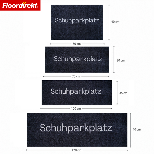 Floordirekt Schuhabtropfmatte mit Schriftzug Schuhparkplatz in verschiedenen Größen dargestellt.