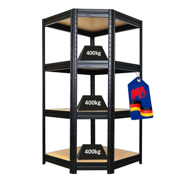 Eckregal aus Metall mit vier Holzböden, Traglast 400 Kilogramm pro Boden, Hergestellt in Deutschland